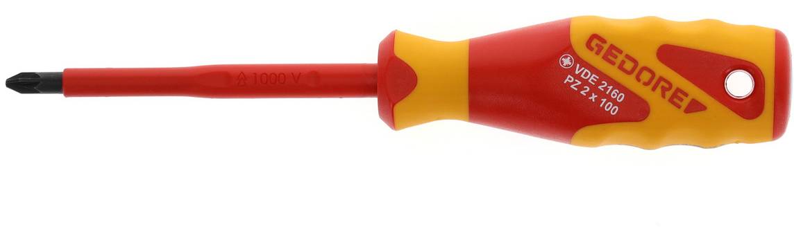 Een geïsoleerde kruiskopschroevendraaier van Gedore met een rode en gele handgreep, geschikt voor werkzaamheden aan stroomvoerende onderdelen.