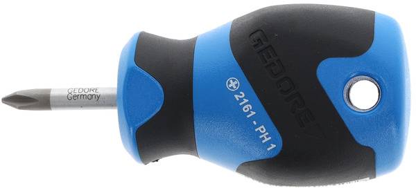 Een blauwe en zwarte schroevendraaier met een ergonomische greep en de opdruk 'GEDORE' op de handgreep.