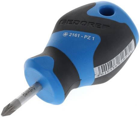 Blauwe en zwarte schroevendraaier met korte handgreep, merk 'Gedore', model '2161 - PZ 1', opschrift 'Made in Germany'.