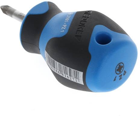 Een zwarte en blauwe schroevendraaier met een korte kling ligt diagonaal.