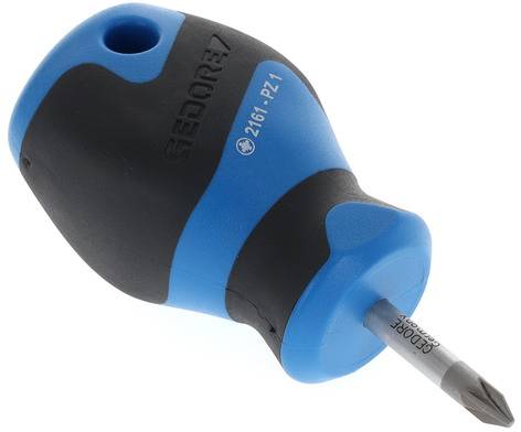 Een blauwe schroevendraaier met een ergonomische handgreep en zwarte inzet, toont de punt van een kruiskopbit. Merknaam zichtbaar.