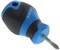 Een blauwe schroevendraaier met een ergonomische handgreep en zwarte inzet, toont de punt van een kruiskopbit. Merknaam zichtbaar.