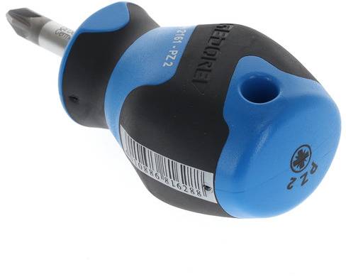 Een schroevendraaier met een blauwe en zwarte handgreep waarop 'PZ2' staat. De kop is gebogen en vertoont een kruiskop-profiel.