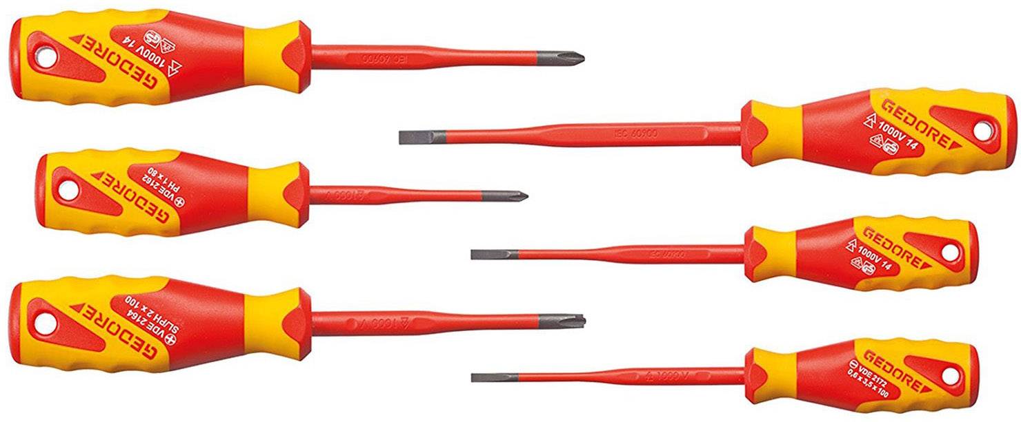 Zes geïsoleerde schroevendraaiers, elk in rood-geel, met verschillende bladvormen en -afmetingen, op een witte achtergrond.