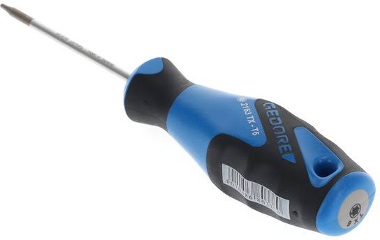 Een blauwe schroevendraaier met zwarte handgreep. Tekstvermelding: 'GEDORE 4151 TX 7-6'.