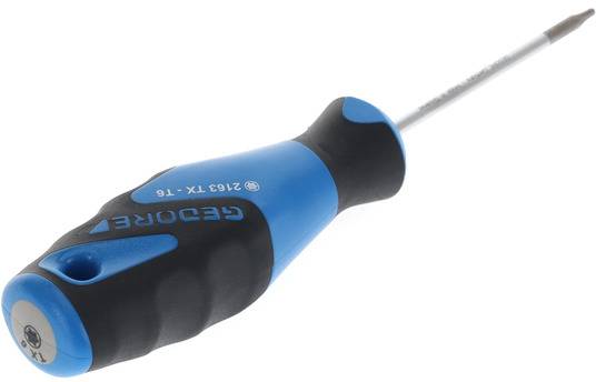 Schroevendraaier met blauw-zwarte handgreep en Torx-kop, modelnummer 2163 TX T6. Geschikt voor Torx-schroeven.