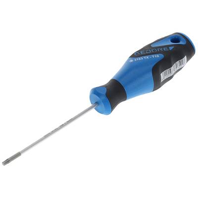 Een blauwe Torx-schroevendraaier met zwarte handgreep en barcode, weergegeven op een witte achtergrond.