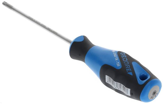 Schroevendraaier met blauw-zwarte greep, merkaanduiding 'GEDORE', type T25.
