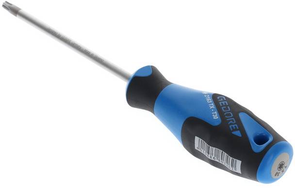 Een blauwe schroevendraaier met zwarte handgreep en het opschrift 'GEDORE'. De handgreep heeft een ergonomische vorm voor een betere grip.