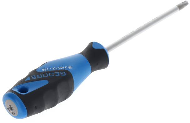 Een schroevendraaier met een blauw-zwarte handgreep en een lange metalen punt.