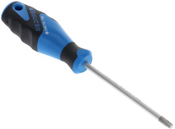 Een blauwe en zwarte schroevendraaier met ergonomische handgreep en smalle punt, geschikt voor het schroeven en monteren.