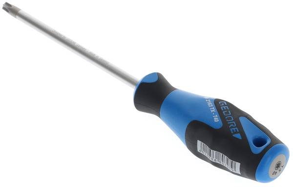 Een blauwe schroevendraaier met een zwarte handgreep en bedrijfslogo ligt op een witte achtergrond.