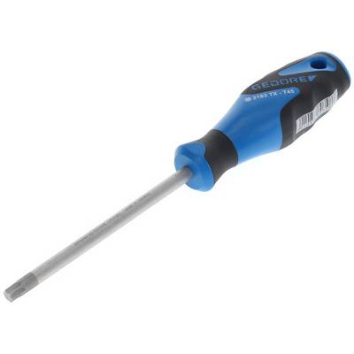 Schroevendraaier met blauw-zwarte handgreep en lange, metalen steel.