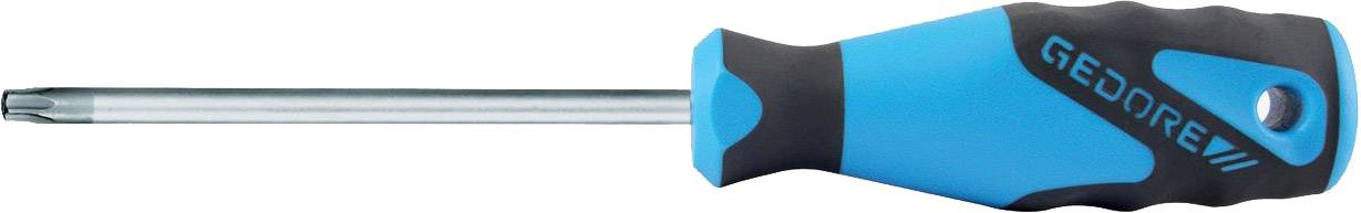 Een blauw-en-zwarte GEODRE schroevendraaier met een lange metalen schacht, horizontaal weergegeven op een witte achtergrond.