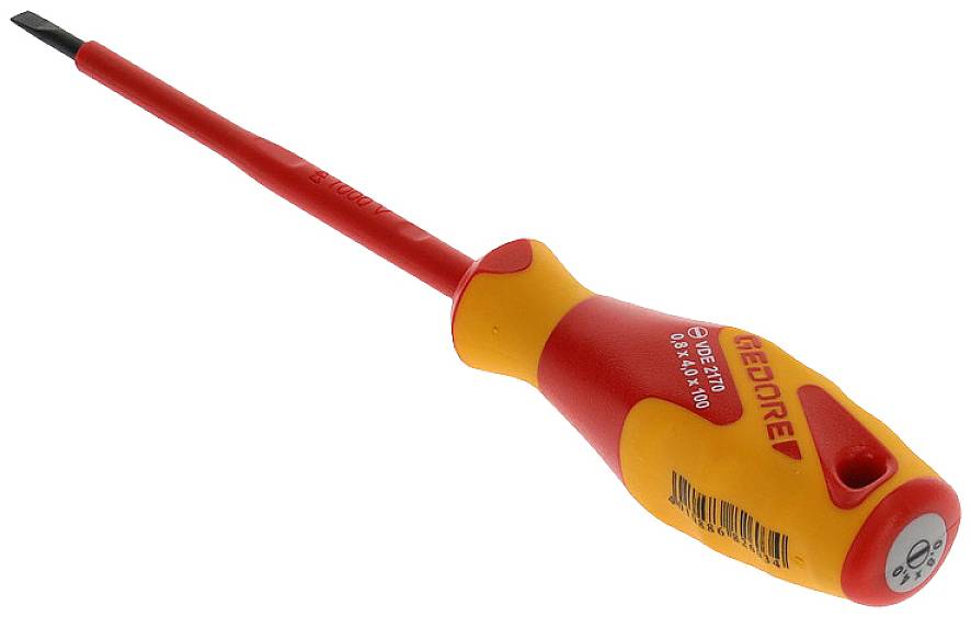 Geïsoleerde sleuf-schroevendraaier met rode en gele handgreep, geschikt voor werkzaamheden aan spanningvoerende onderdelen tot 1000 volt.