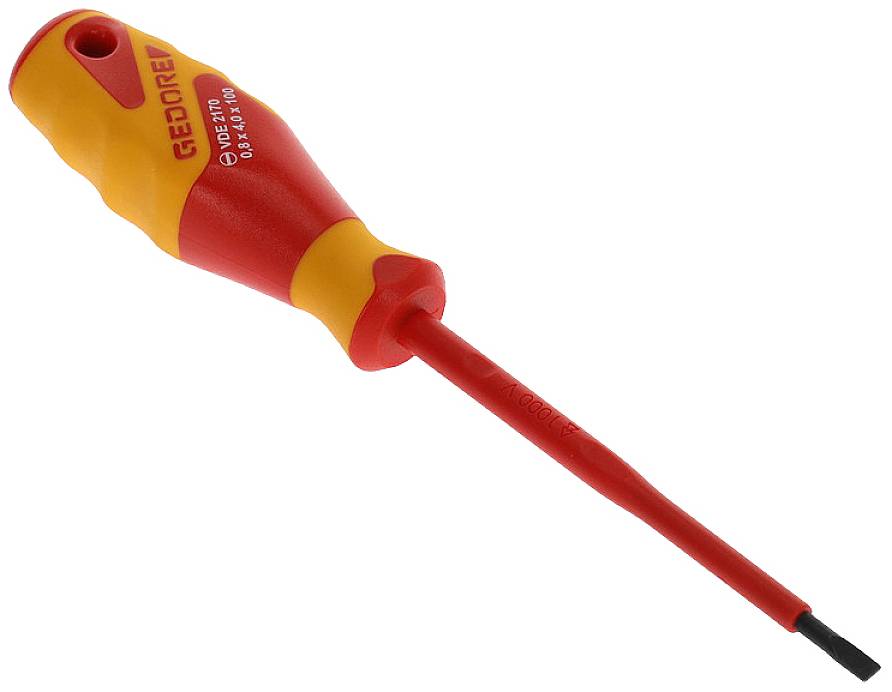 Een rode en gele geïsoleerde schroevendraaier van het merk Gedore, geschikt voor elektrische werkzaamheden. Handvat ergonomisch ontworpen.