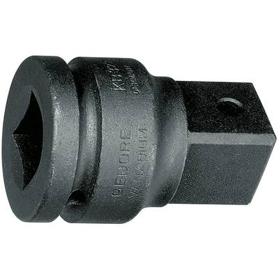 Een vierkante metalen adapter met een ronde opening. Hij wordt gebruikt voor krachtgereedschappen. Het oppervlak is zwart en robuust.