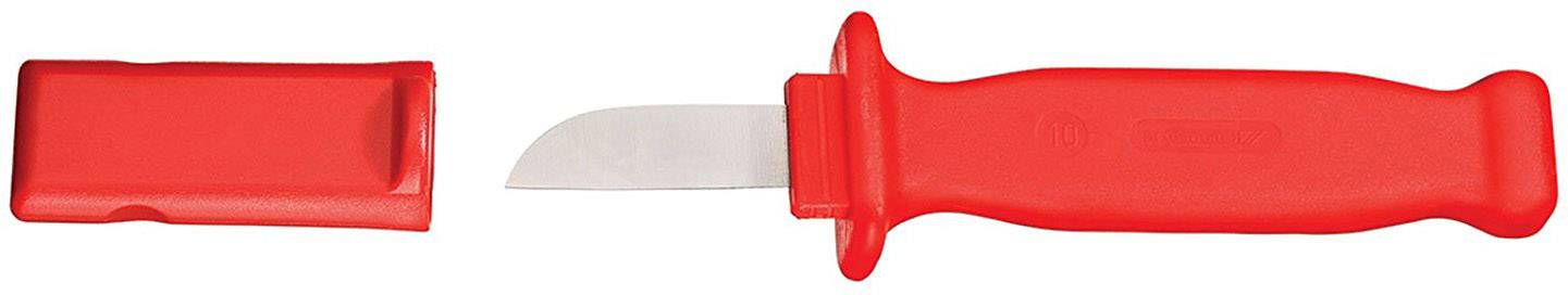 Rood keramisch mes met rode handgreep en afneembare rode kunststof hoes, getoond in twee delen: handgreep met lemmet en aparte hoes.