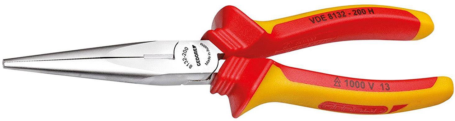 Een rode en gele punttang met geïsoleerde handgrepen, geschikt voor elektrische werkzaamheden.