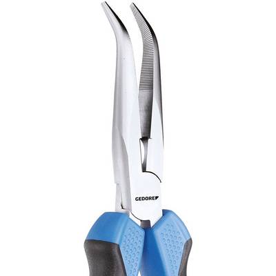Lange, puntige tang met blauwe handgrepen. Het merk "Gedore" is erop gedrukt. Geschikt voor het grijpen van kleine of moeilijk bereikbare onderdelen.