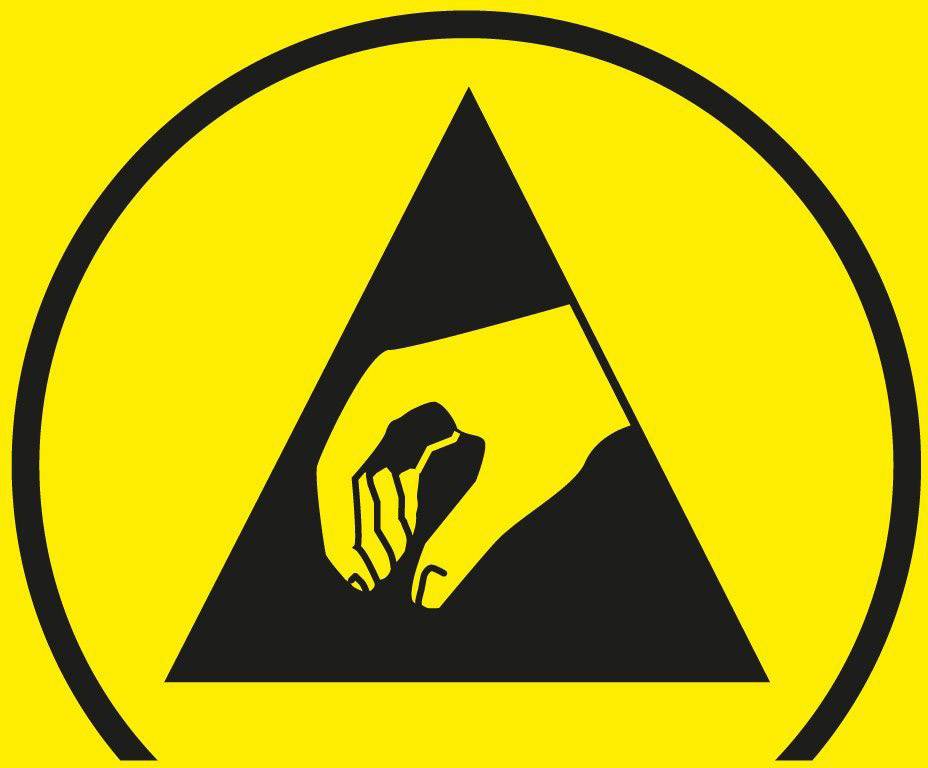 ESD-beschermingszone' Symbool: Een hand binnen een driehoek, geeft voorzorgsmaatregelen voor elektrostatische ontlading aan.