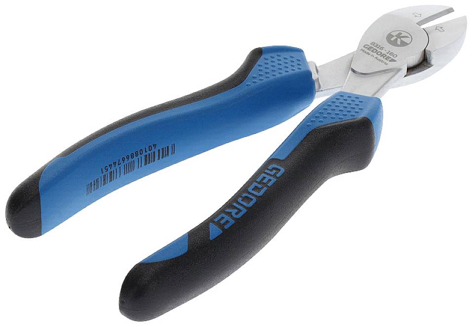 Zijkniptang met blauw-zwarte handgrepen, geschikt voor het knippen van draden of kabels bij ambachtelijke en elektrische werkzaamheden.