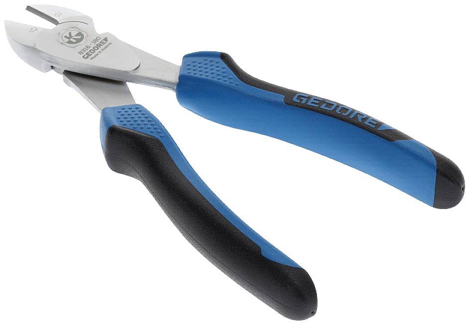 Zijkniptang met blauwe en zwarte handgrepen, geschikt voor het knippen van draden.