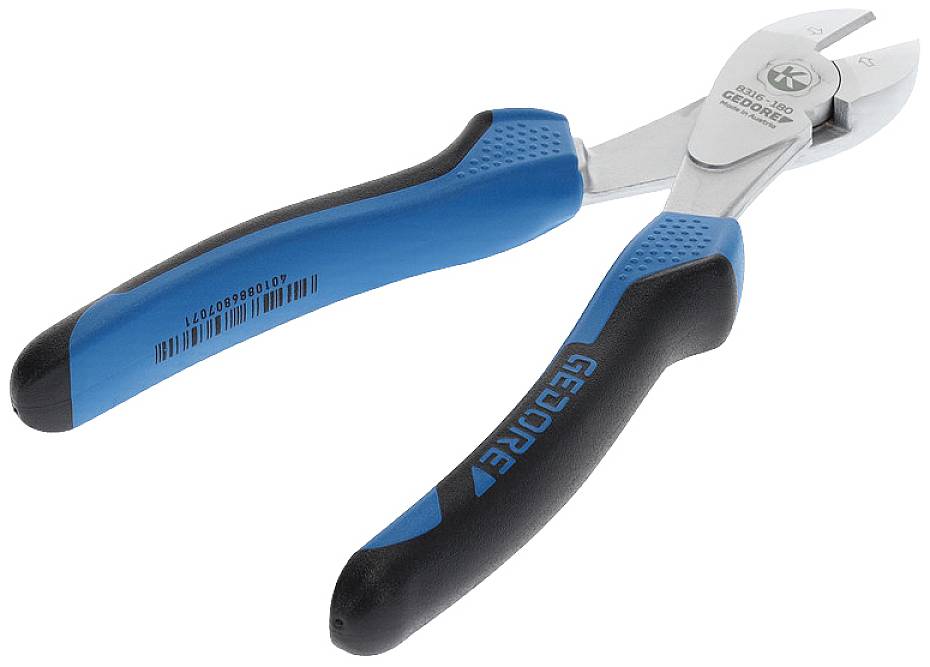 Blauw-zwarte zijkniptang met geïsoleerde handgrepen. Op de handgrepen staat 'GEDORE'. Gereedschap voor het knippen van draad.