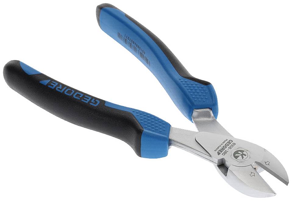 Tang met blauw-zwarte handgreep en zilveren snijvlakken, geschikt voor het knippen van draad. Merknaam en logo zichtbaar op de handgreep.