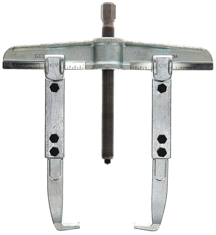Metalen trekker met twee armen en schroefmechanisme, gebruikt voor het verwijderen van lagers of tandwielen van assen.