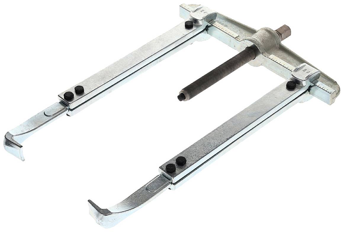 Metalen trekker met twee lange armen en een centrale bout, gebruikt voor het verwijderen van lagers of tandwielen van een as.