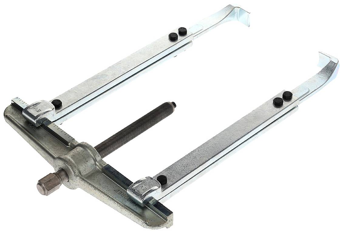 Tweebenige metalen trekker met lange, verstelbare armen en een centrale schroefmechanisme, gebruikt voor het verwijderen van lagers.