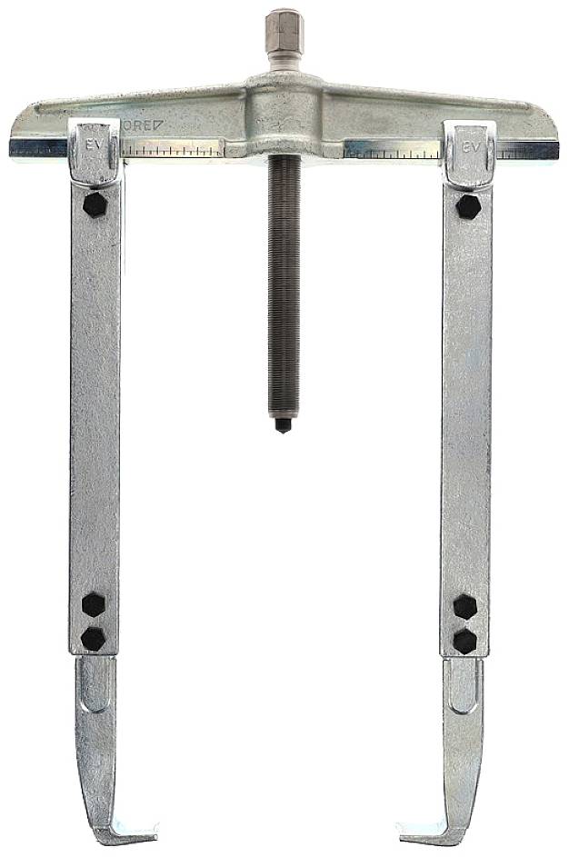 Een tweearmige trekker van metaal, die wordt gebruikt voor het verwijderen van vastgezeten onderdelen zoals tandwielen en lagers van assen.