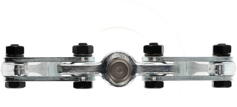 Metalen rail met zwarte schroeven aan de uiteinden en een centrale, gemakkelijk herkenbare ronde component in het midden.