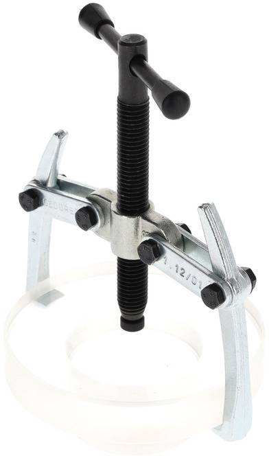 Aftrekeenheidgereedschap met twee haken en een spindel, bevestigd aan een ronde schijf. Wordt gebruikt voor het losmaken van vastgezeten onderdelen.