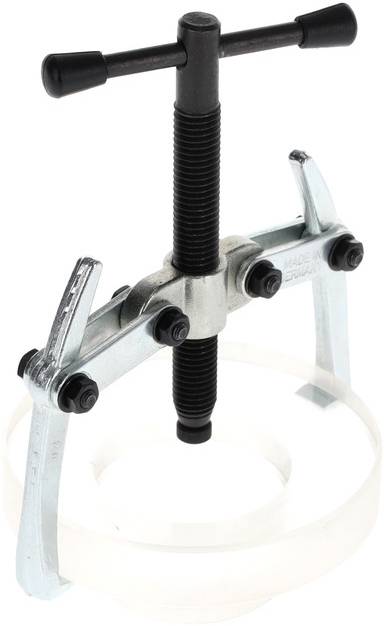 Een schroevendraaier-gereedschap met schroefdraadspindel en armen voor het verwijderen van lageronderdelen, afgebeeld op een witte achtergrond.