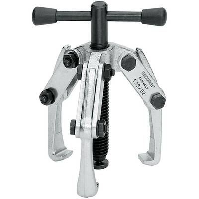Een metalen driearmige trekker met schroefmechanisme en twee handgrepen voor het verwijderen van vastzittende onderdelen zoals wielen of lagers.