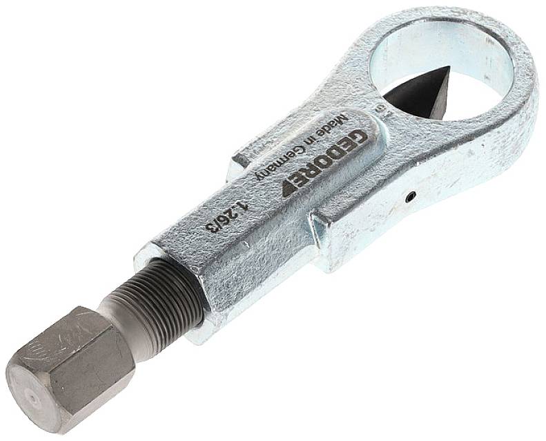 Een zilveren buizensnijder van het merk George, gebruikt voor het nauwkeurig snijden van metalen buizen, met een zwarte snij-inzet.