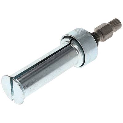 'Een cilindrisch metalen gereedschap met een sleuf, een schroefschroefdraad en een getande bovenkant voor het bevestigen of aanpassen van mechanische onderdelen.'
