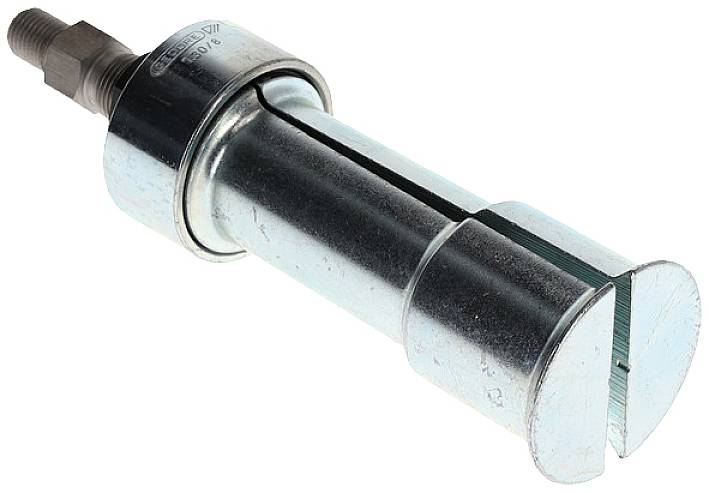 Metalen gereedschapsonderdeel met een cilindrische behuizing en schroefdraadpen, waarschijnlijk een mechanisch onderdeel.