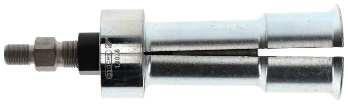 Metalen trekker met schroefmechanisme, bestaande uit verbonden onderdelen, wordt gebruikt voor het verwijderen van componenten in machines of voertuigen.