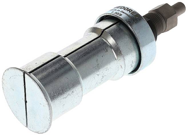Een zilveren metalen gereedschap, vermoedelijk een trekker, dat cilindrisch van vorm is en aan één uiteinde verstelbaar lijkt.
