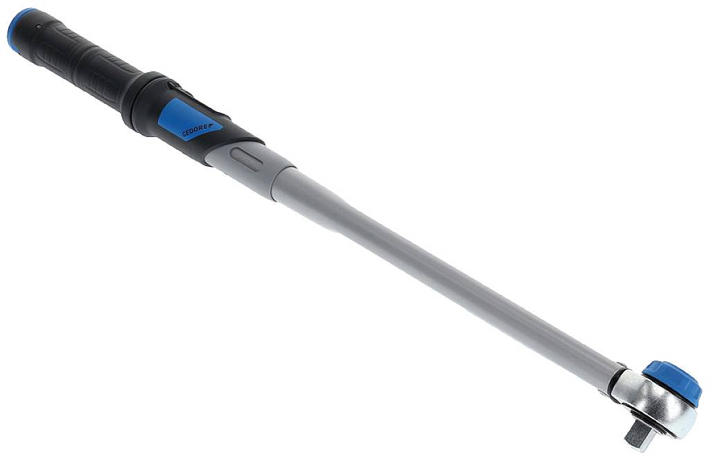 Momentsleutel met blauwe greep, geschikt voor nauwkeurig aandraaien van schroeven; ergonomisch ontwerp voor gemakkelijke grip.