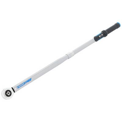 Momentsleutel met zwarte handgreep en blauw logo op zilveren steel.