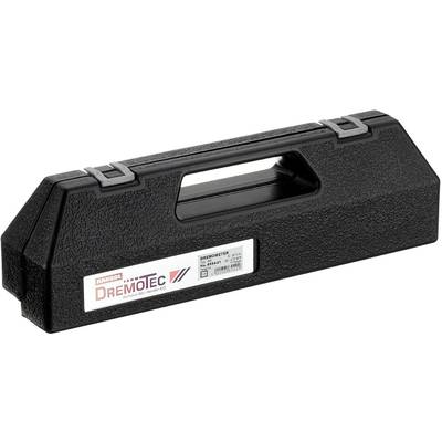Zwarte gereedschapskoffer met handvat. Sticker met het logo 'DREMOTEC' en productinformaties op de voorkant.