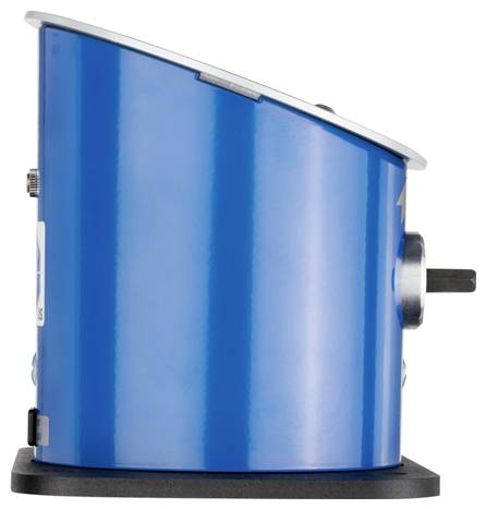 Blauwe cilindrische elektrische motor of actuator gemonteerd op een zwarte basis, weergegeven in zijkant op een witte achtergrond.