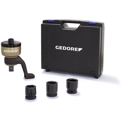 Een Gedore-momentvermenigvuldiger met kunststof koffer en drie dopsleutels in verschillende maten, gepresenteerd op een witte ondergrond.