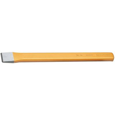 Beitel met gele steel, scherp metalen uiteinde links, liggend horizontaal.