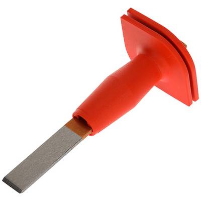 Een rood gereedschap met een handgreep en een plat metalen uiteinde, waarschijnlijk een tegelhamertje of beitel, op een witte achtergrond.
