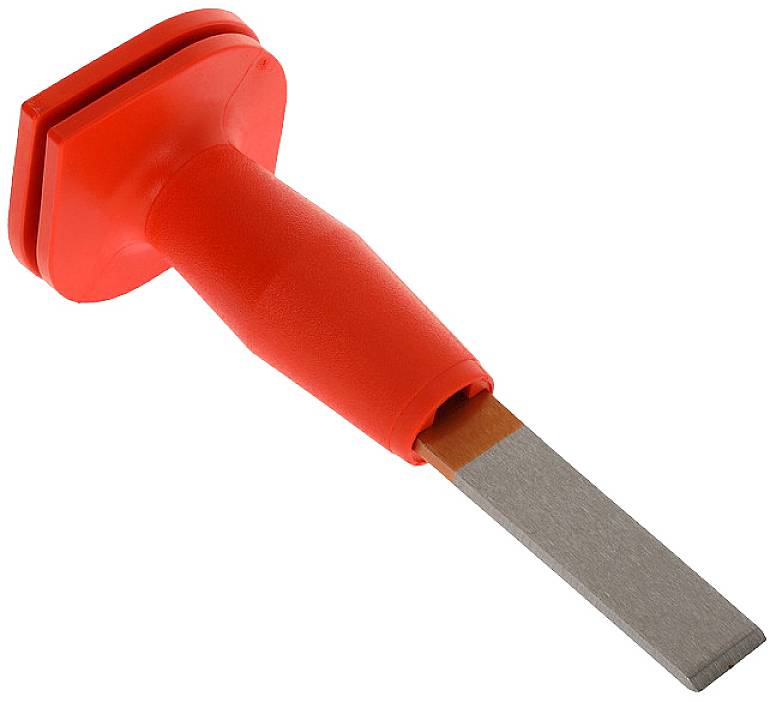 Een rood gereedschap met een platte, rechthoekige metalen kop en een handgreep. Waarschijnlijk een speciale beitel.